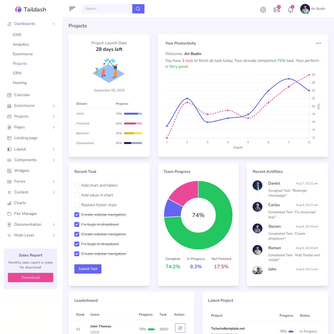 Tailwind dashboard project